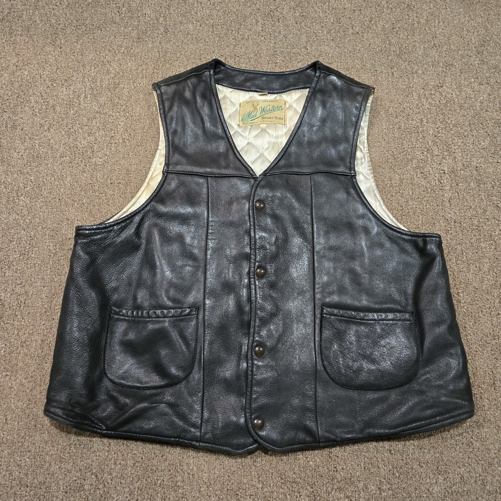 Vintage Mid Western Deerskin Vest Mens 48 Black Sports Togs‎ Leather Made In USA